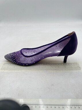 XYD Purple Pointed Toe Slip On Graceful Mesh Pumps Rhinestone Kitten Heels Shoes